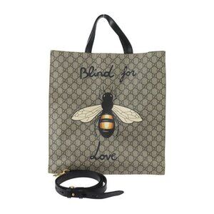 Gucci Bee Print Tote Bag Leather Beige Brown